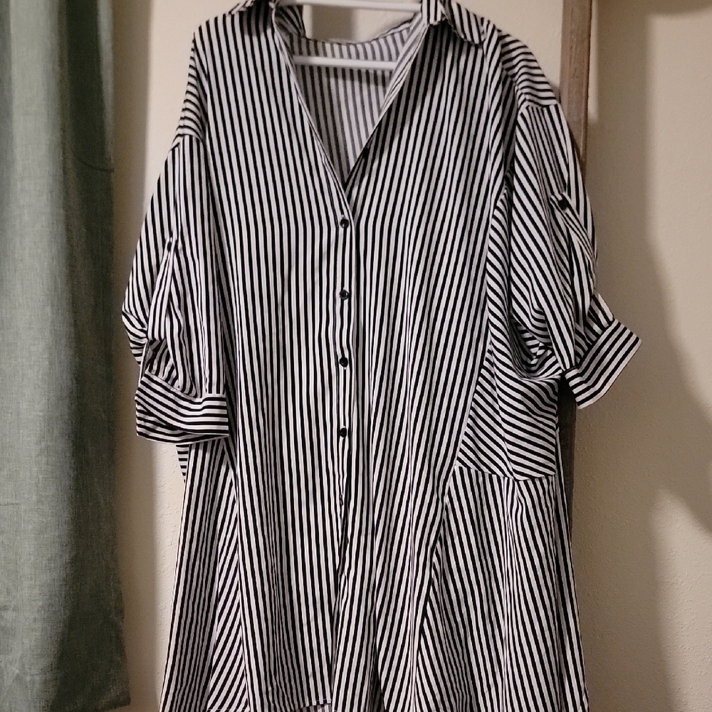 OVERSIZED Black and White Casual Button Down Shirt DRESS with Stripes